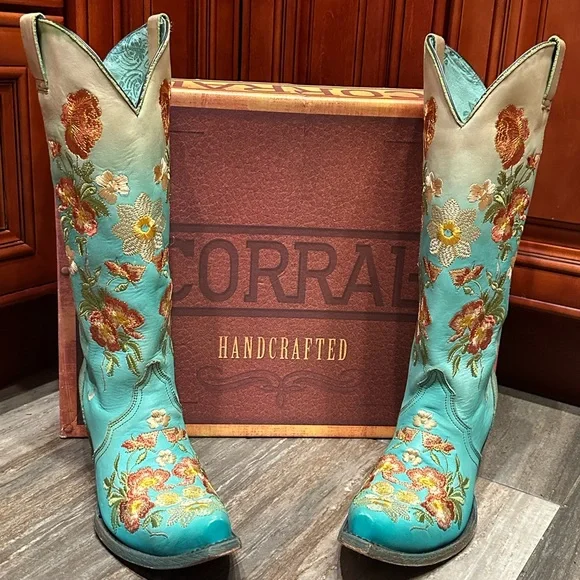 Corral Cowboy Boots C3304 Floral Turquoise Flower Embroidered 7 Rare Wedding - Picture 1 of 10